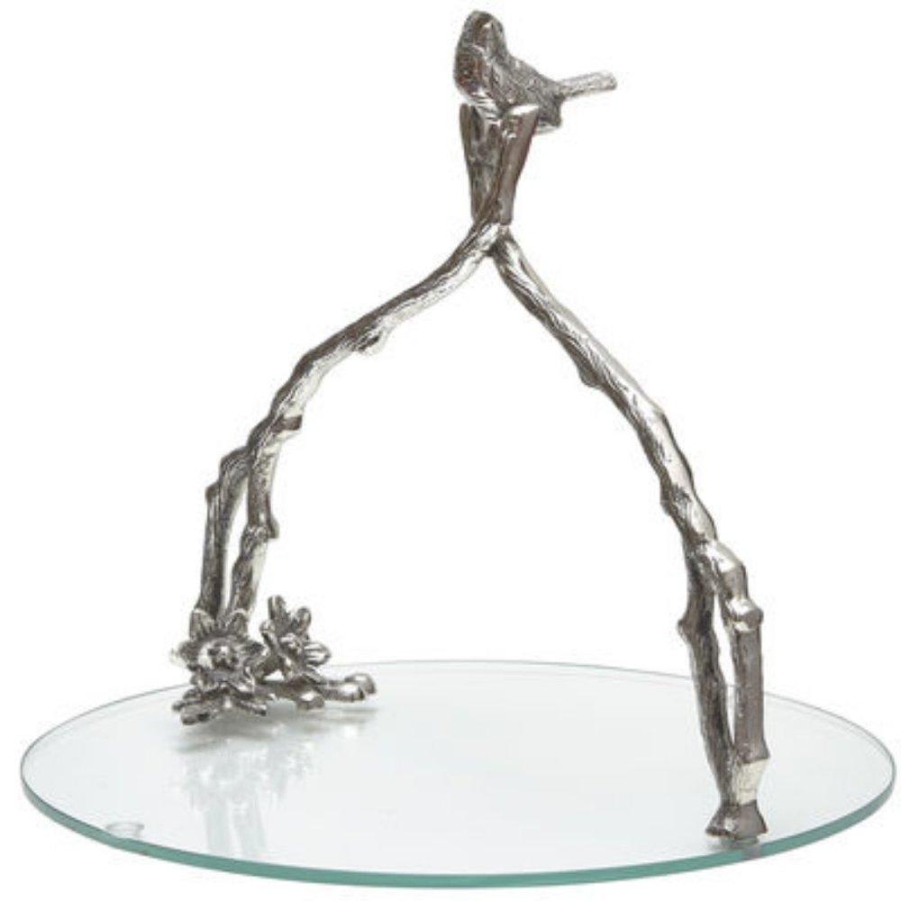 PIER 1 Glass Serving Dish with silver handle and bird on top